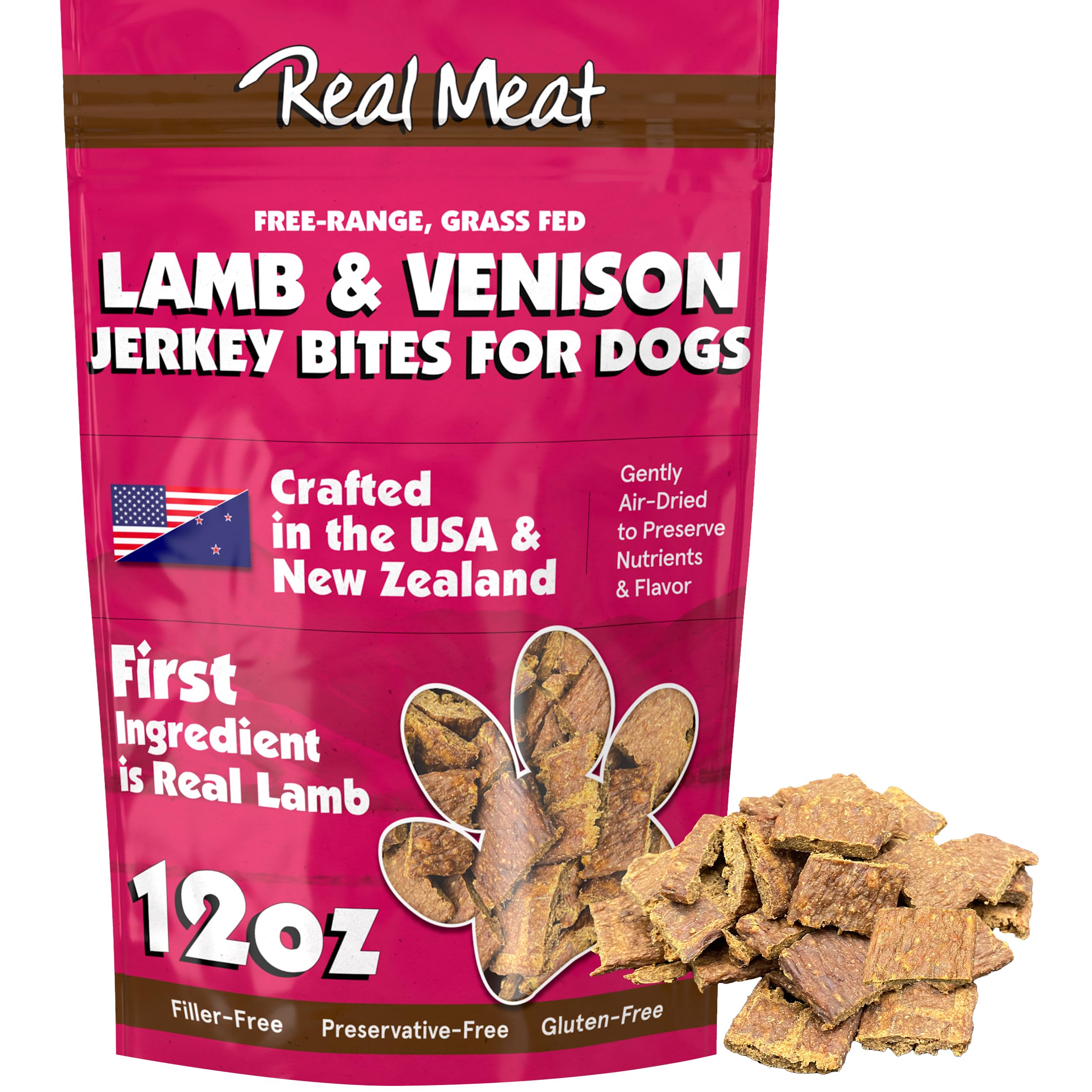 Friandises TRMC pour chiens, sachet 340 g, viande agneau et venaison séchées à l air, goût riche.