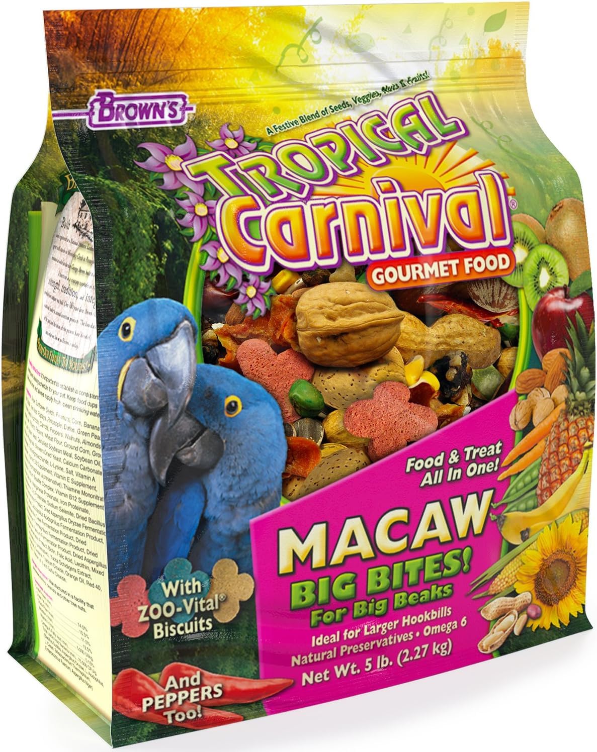 Mélange Tropical Carnival pour macaw; gros morceaux croustillants pour varier le repas.