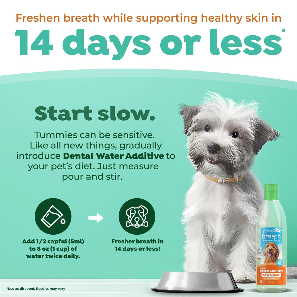 TropiClean additif eau sans goût pour chien, simple à utiliser.