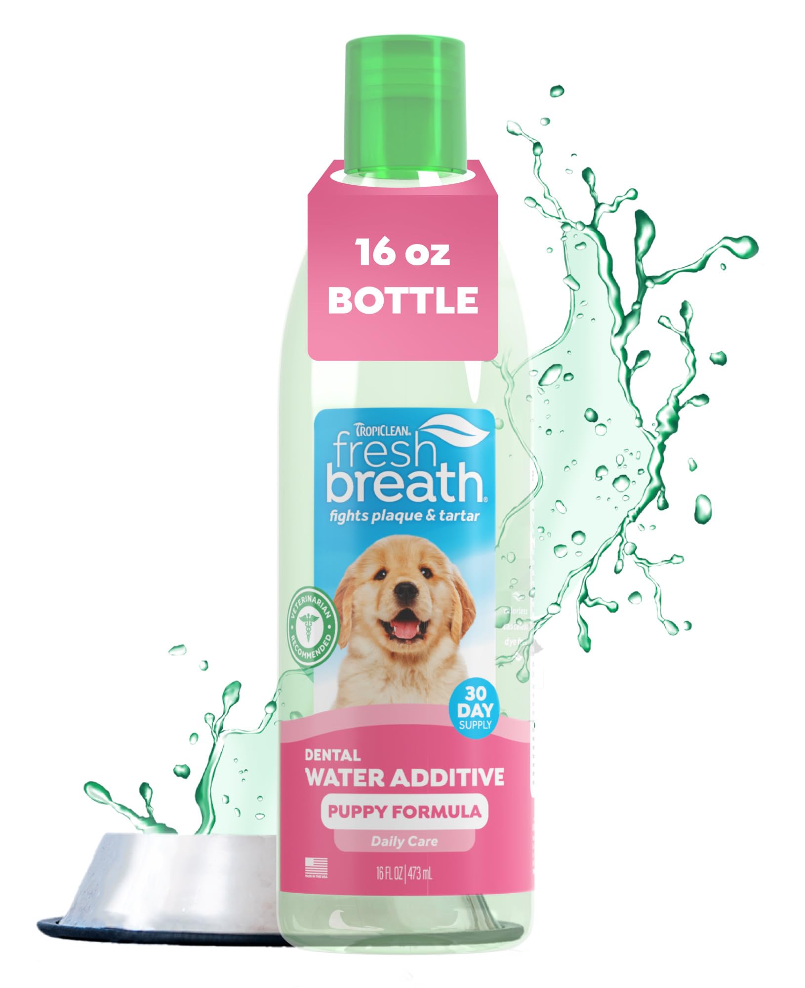 TropiClean, bouteille d'additif eau haleine chiots, favorise haleine fraîche sans dentifrice.