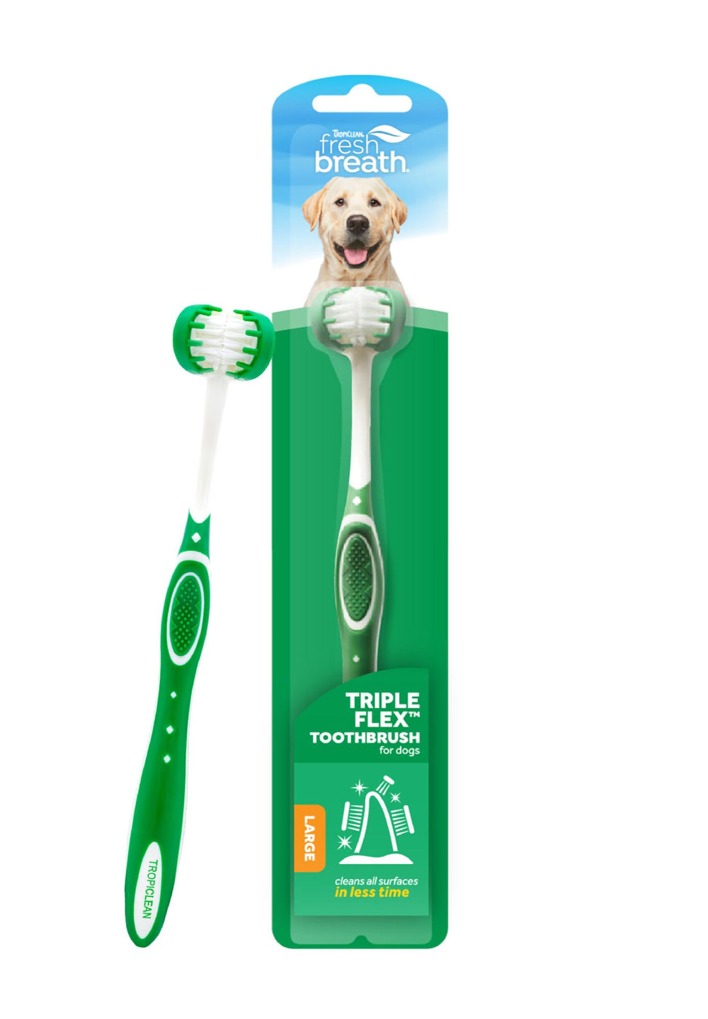 Brosse TropiClean TripleFlex 360 degrés pour grands chiens, nettoyage complet des dents.