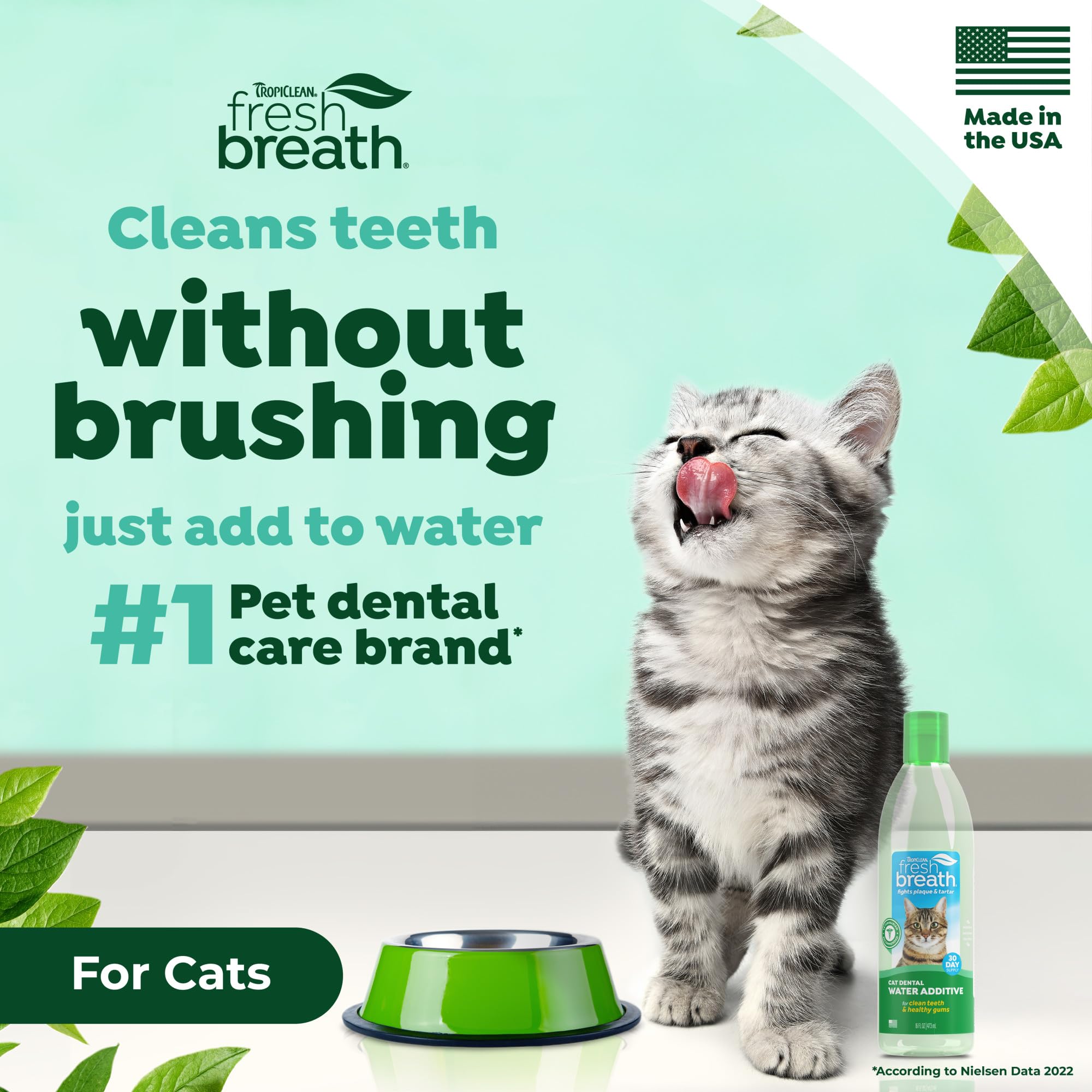 TropiClean: chat-boit-eau-additif, démontrant l usage sans brossage.
