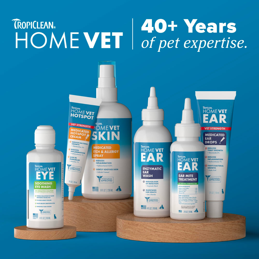 Format compact 2 oz de TropiClean HomeVet, pratique et portable.