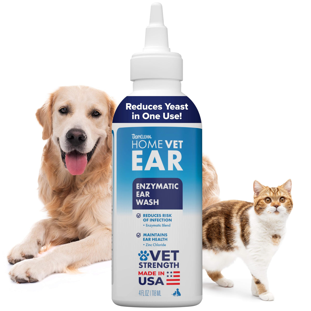 TropiClean HomeVet nettoyant oreilles, bouteille pratique pour chien et chat.