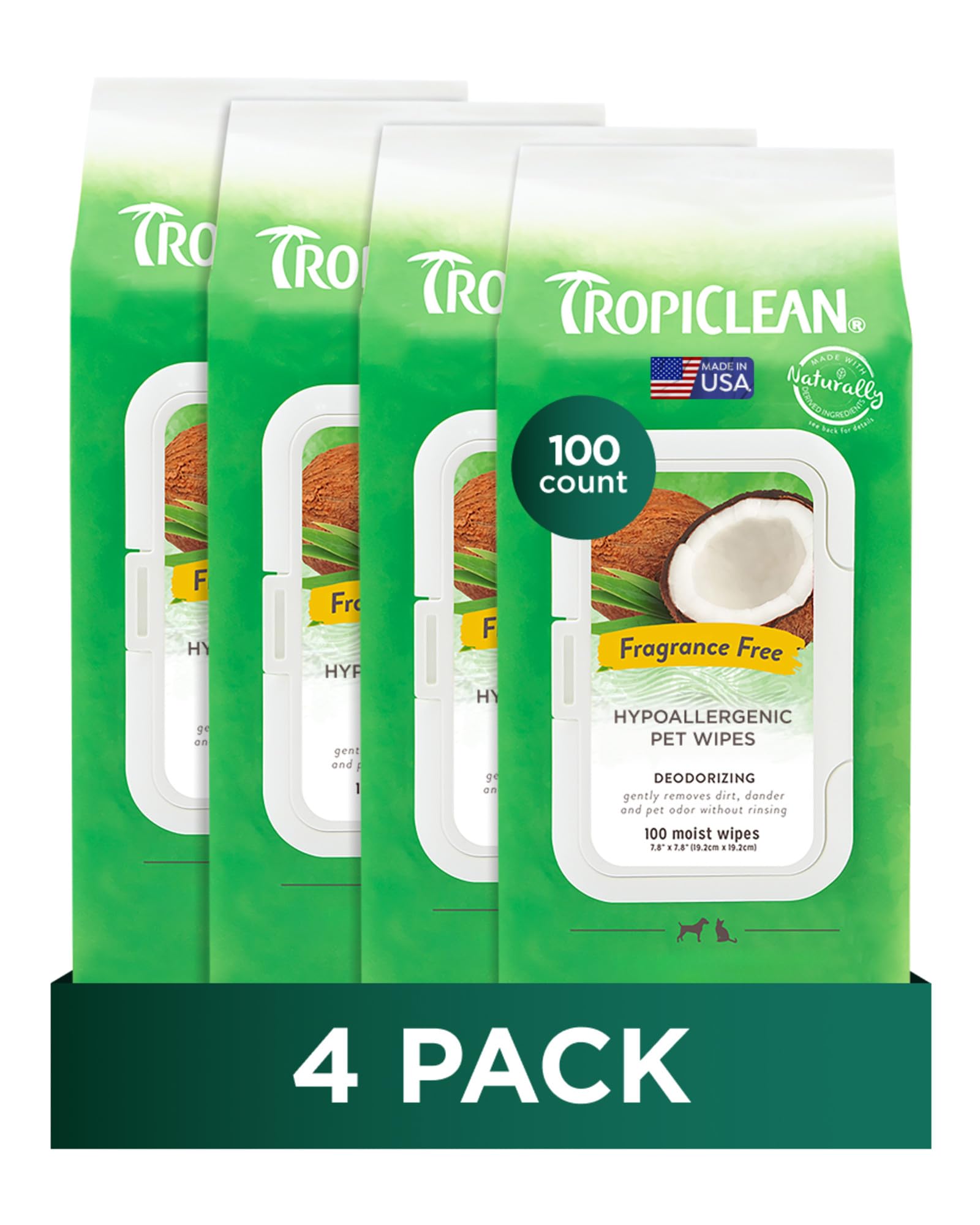 Lingettes TropiClean hypoallergéniques pour pattes et visage, nettoyage rapide et sans parfum.