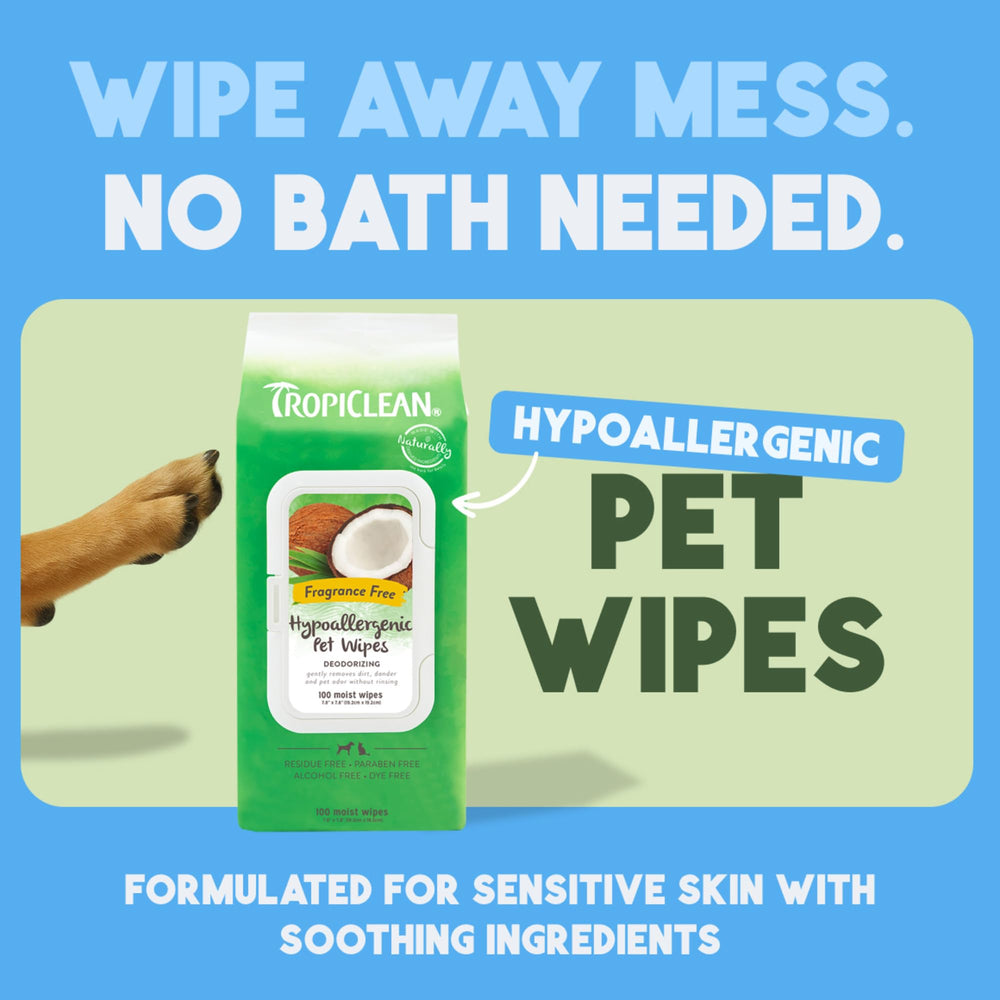 Lingettes TropiClean sans parfum pour zones sensibles, nettoyant en douceur.