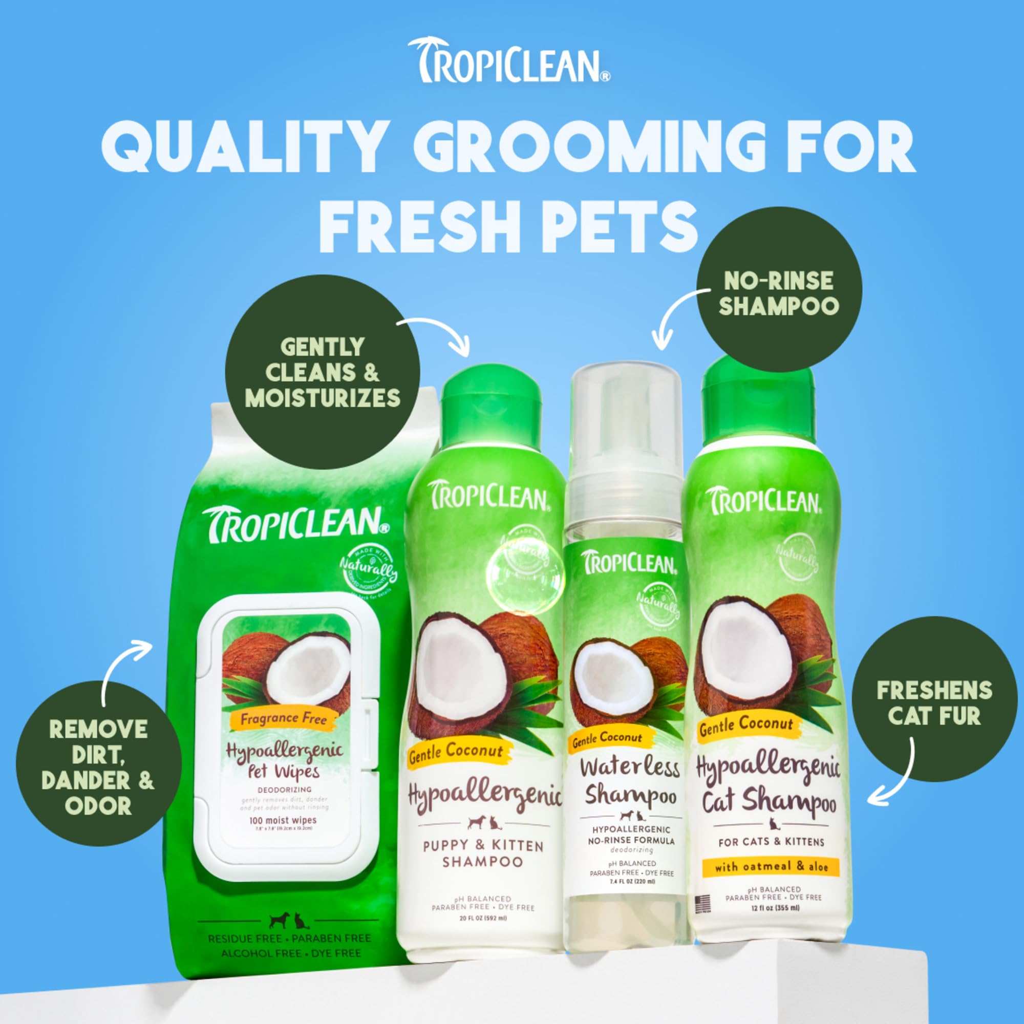 Lingettes TropiClean idéales après shampoing sans eau pour compléter le soin.