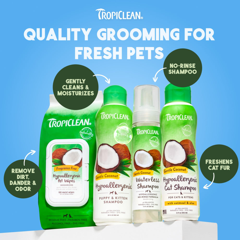 Lingettes TropiClean idéales après shampoing sans eau pour compléter le soin.