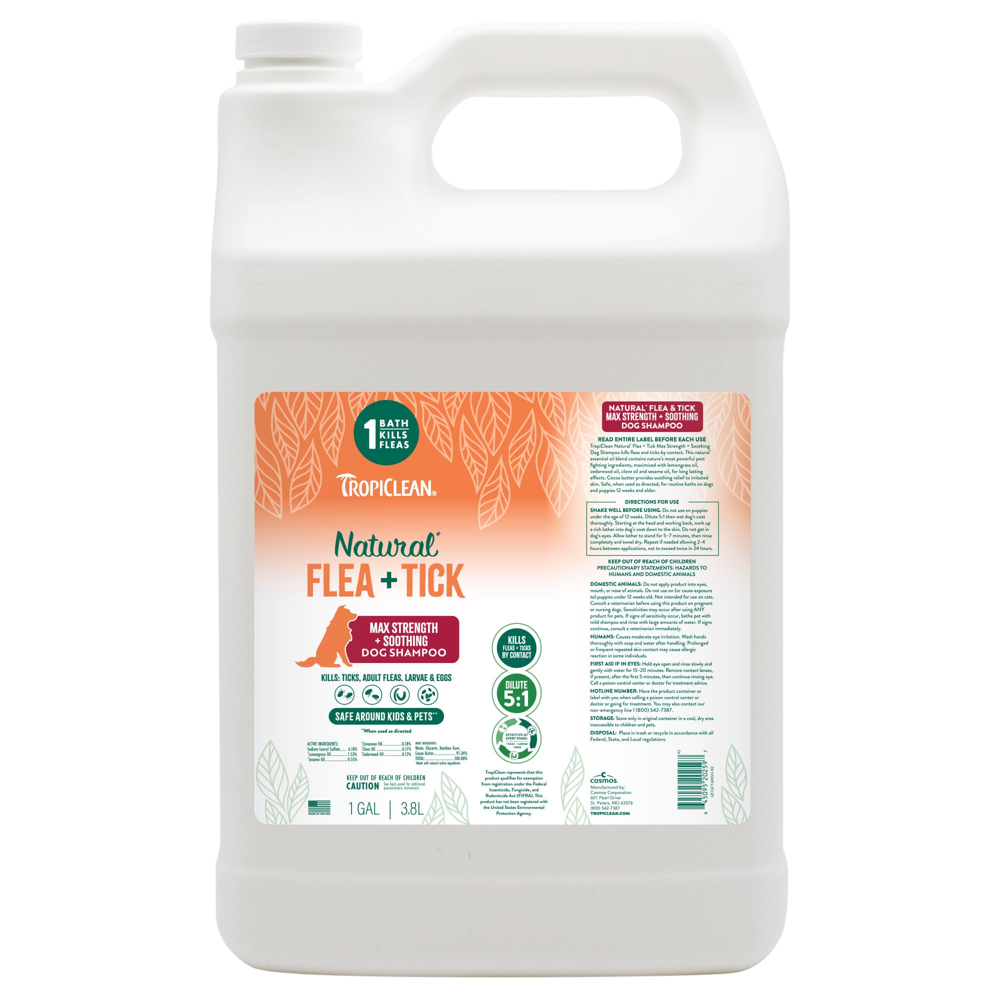 TropiClean Max Strength Shampoing pour chiens, bouteille visible, application facile et nettoyage efficace.
