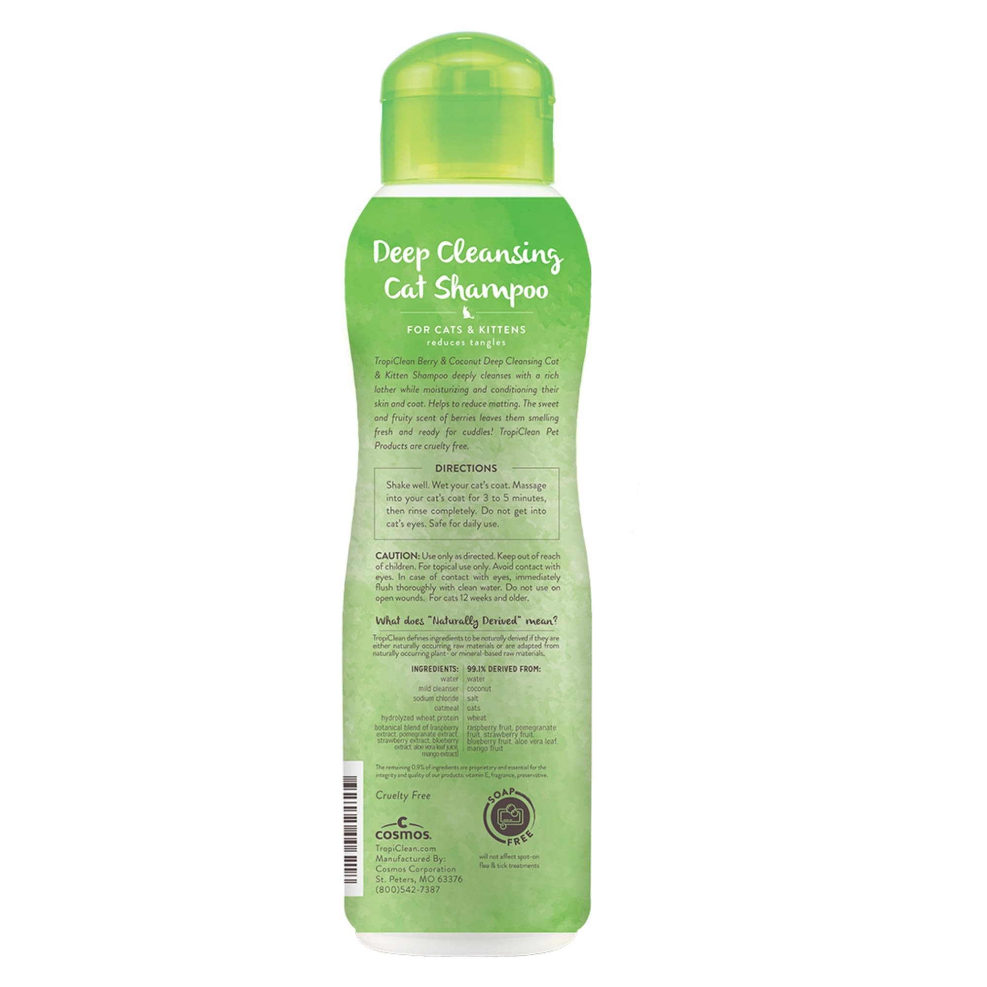 Formule naturelle et sans parabènes du Shampoing Déodorisant TropiClean pour Chats.