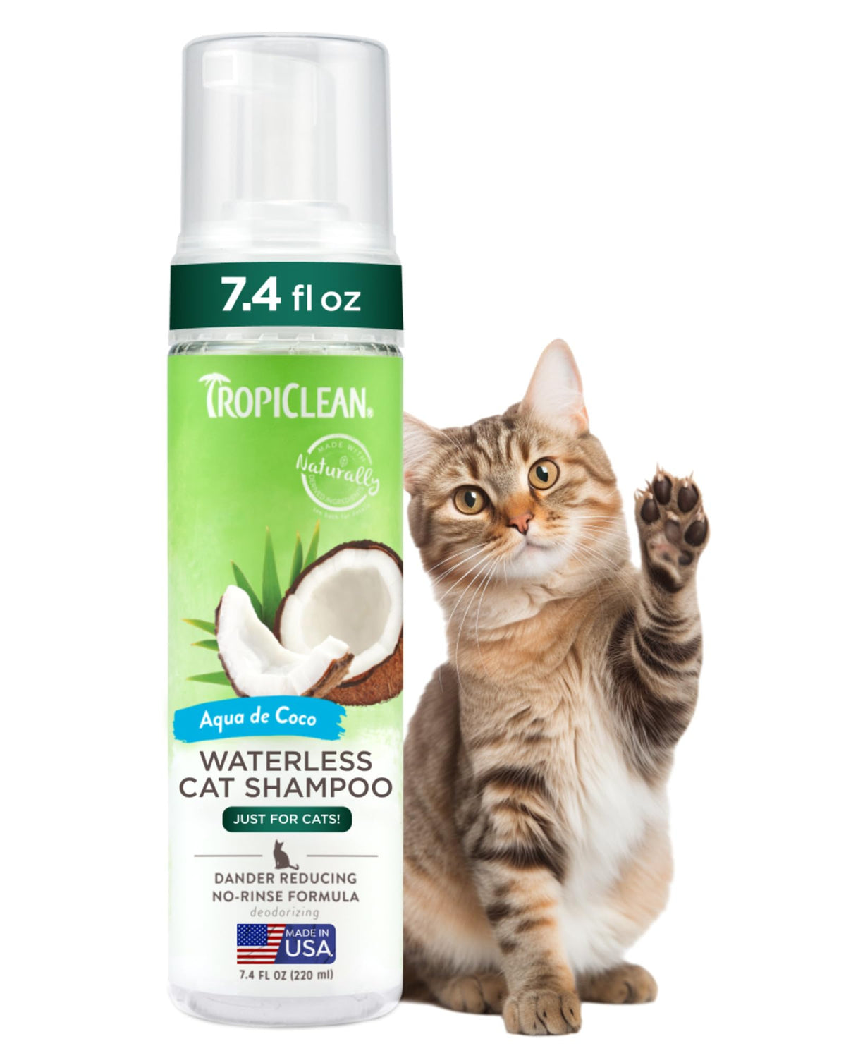 TropiClean Shampoing Chat Sans Rinage Coco: nettoyage rapide sans rinçage pour pelage propre.