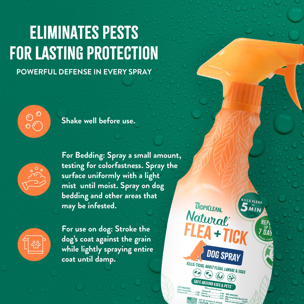 TropiClean spray fabriqué aux États-Unis avec ingrédients naturels.