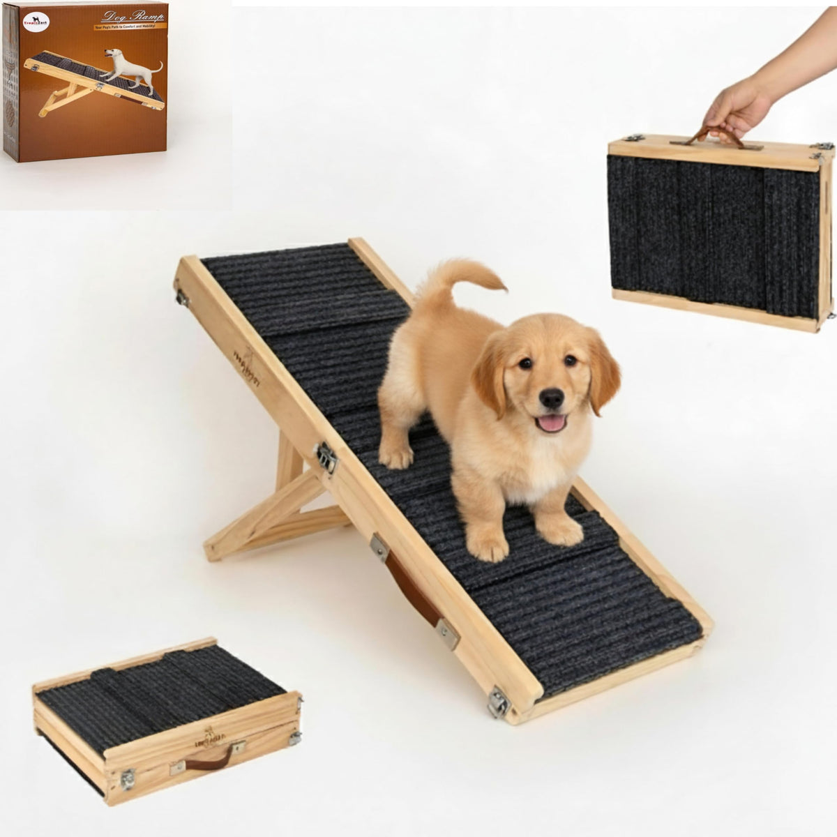 Rampe Tropiczest pour chien moyen en bois ajustable pour accéder au lit facilement.