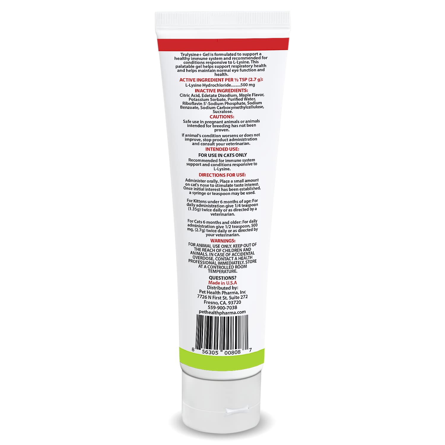 Formule Lysine Trulysine Gel pour chat, concentration pratique pour le dosage.