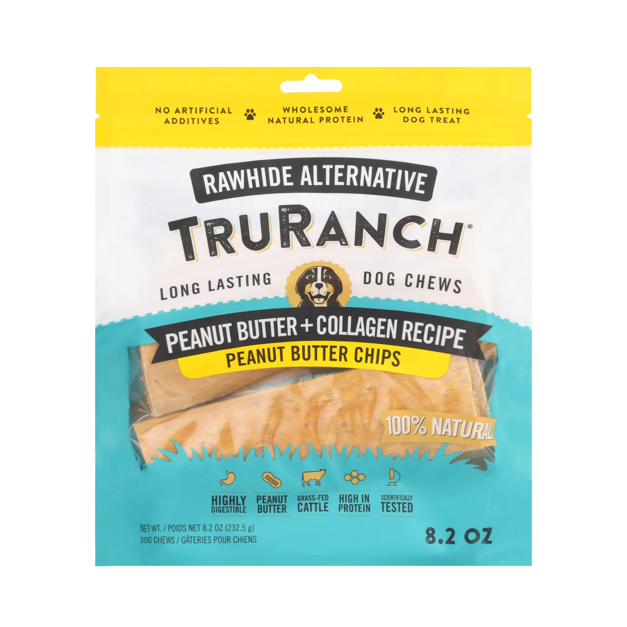 TRURANCH Collagen Chips emballage ouvert, snack durable pour chiens.