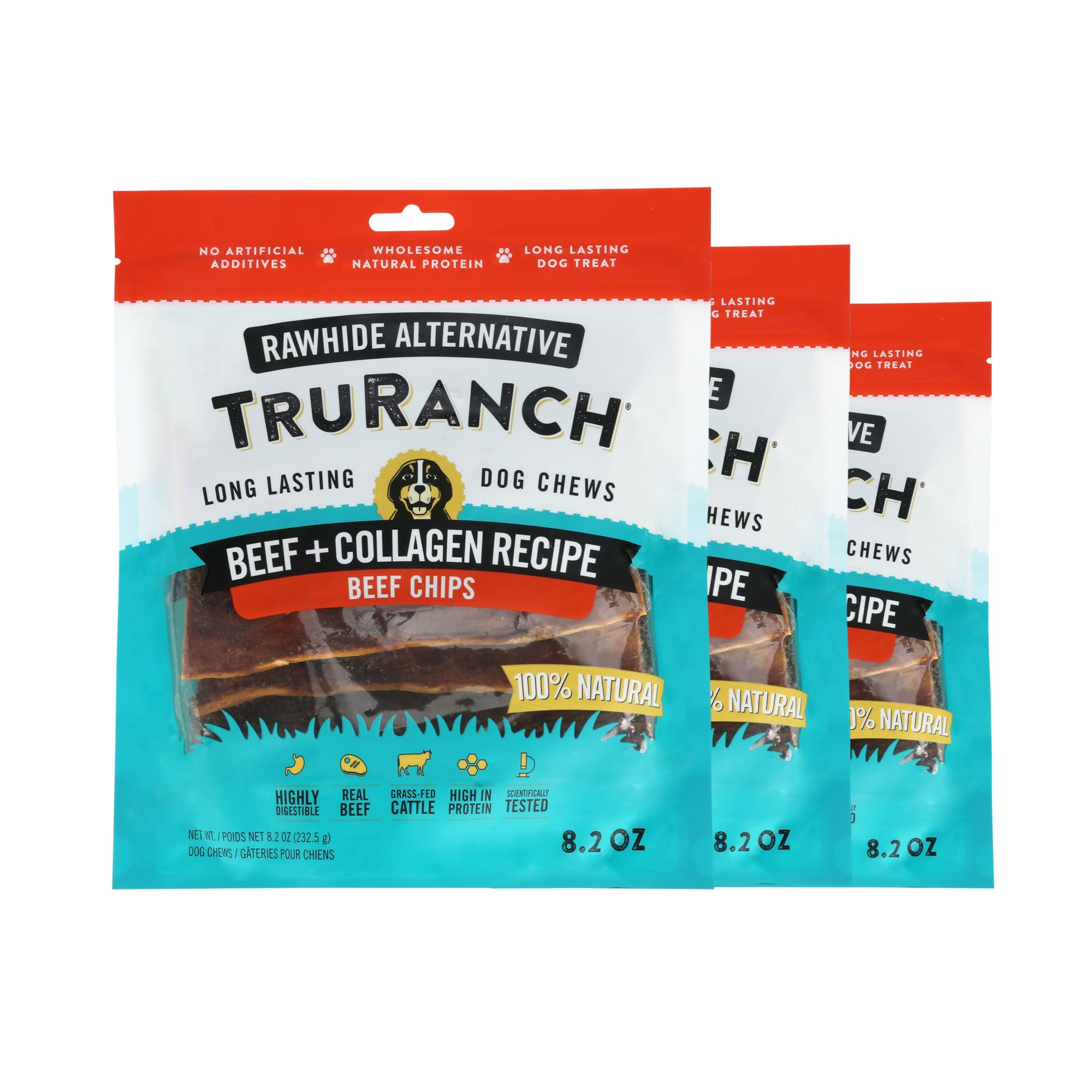 Friandise TRURANCH Collagen Chips dans l’emballage, idéale pour chiens actifs.