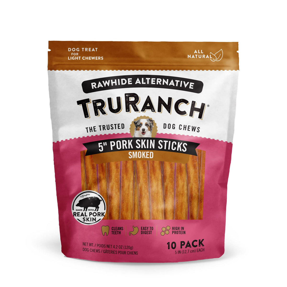 TRURANCH emballage des bâtons peau de porc fumé, friandise naturelle pour chiens.