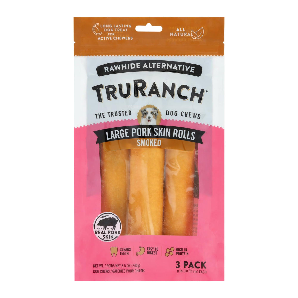 TRURANCH Rouleaux peau porc fumée emballage, friandise naturelle et digestible.