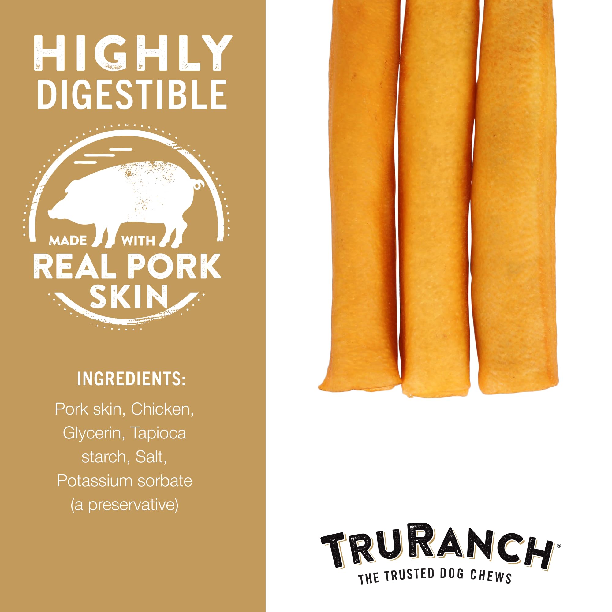 TRURANCH Rouleaux peau porc fumée pièces, récompense digestible pour chien.