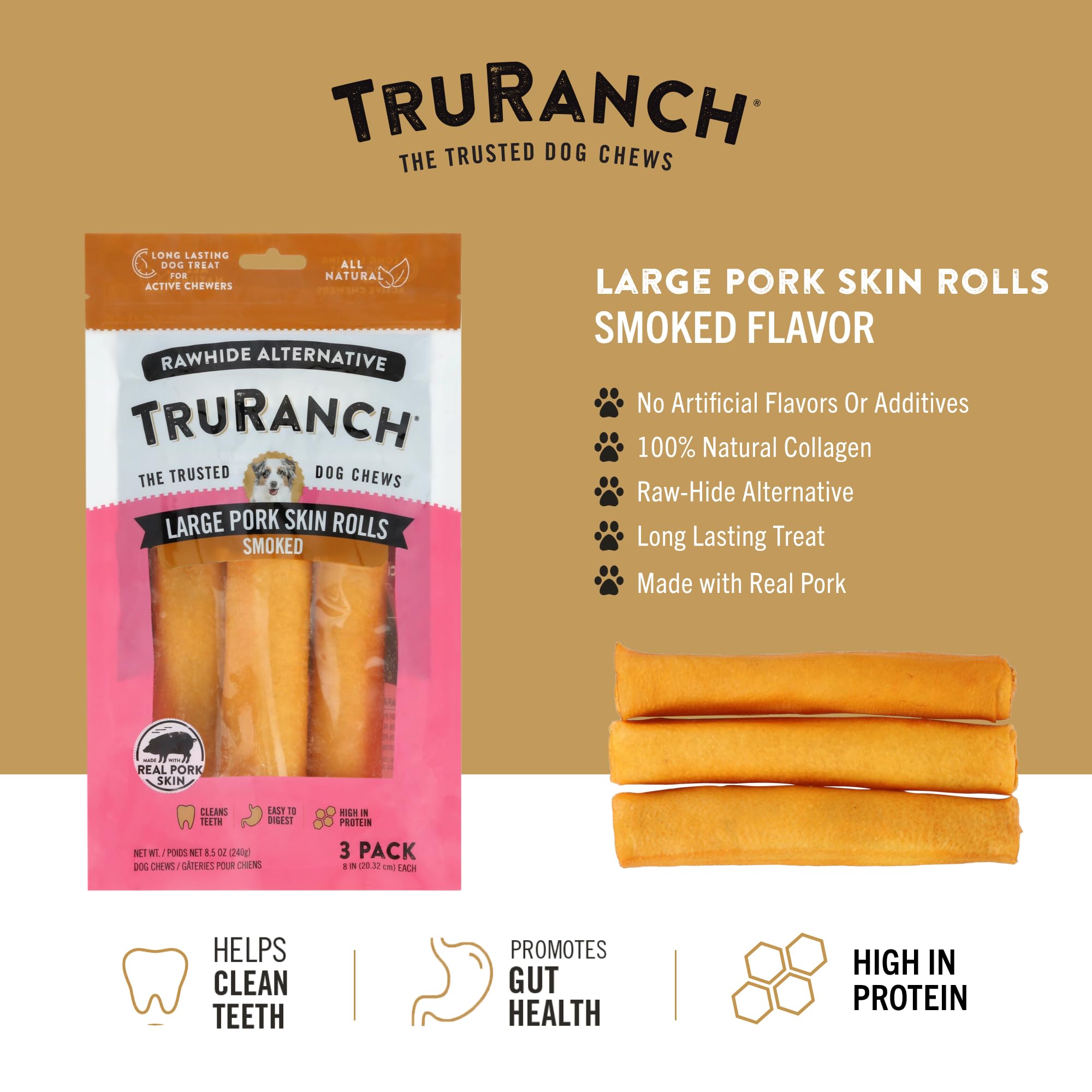 TRURANCH Rouleaux peau porc fumée tranche, texture tendre et récompense attrayante.