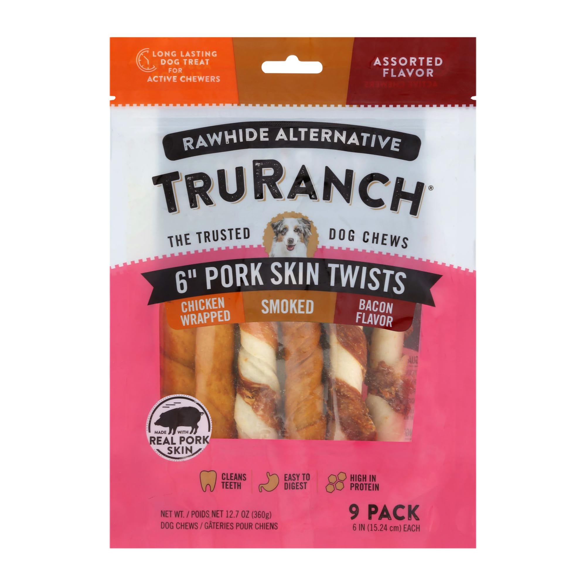 TRURANCH torsades peau de porc collagène en emballage, friandise naturelle pour chiens.
