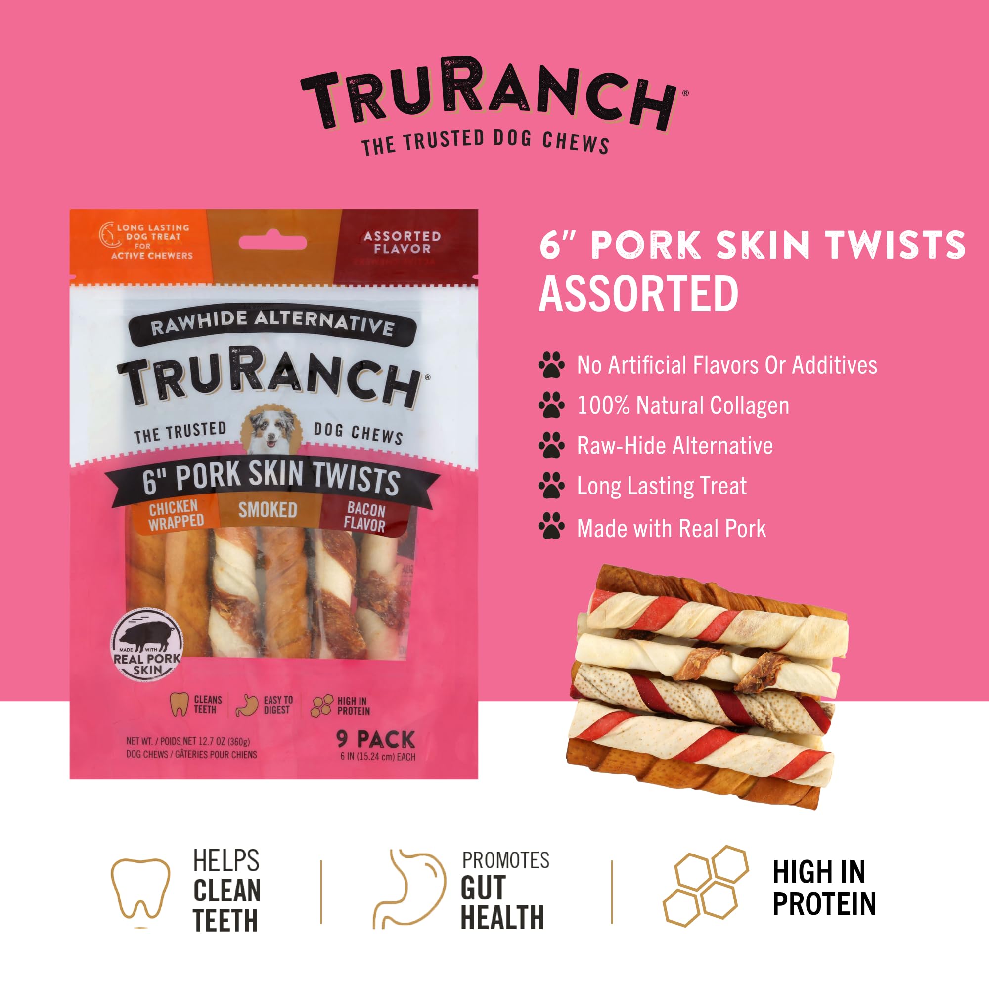 TRURANCH gros plan texture torsades porc collagène, expérience de mastication agréable.