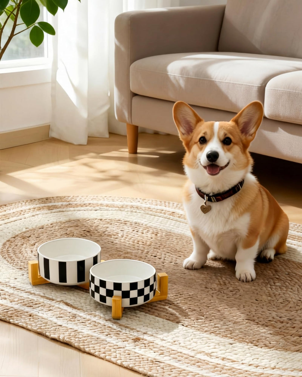 Bols TRUVIC pour chien en bois avec rayures noires et blanches, design moderne et pratique.