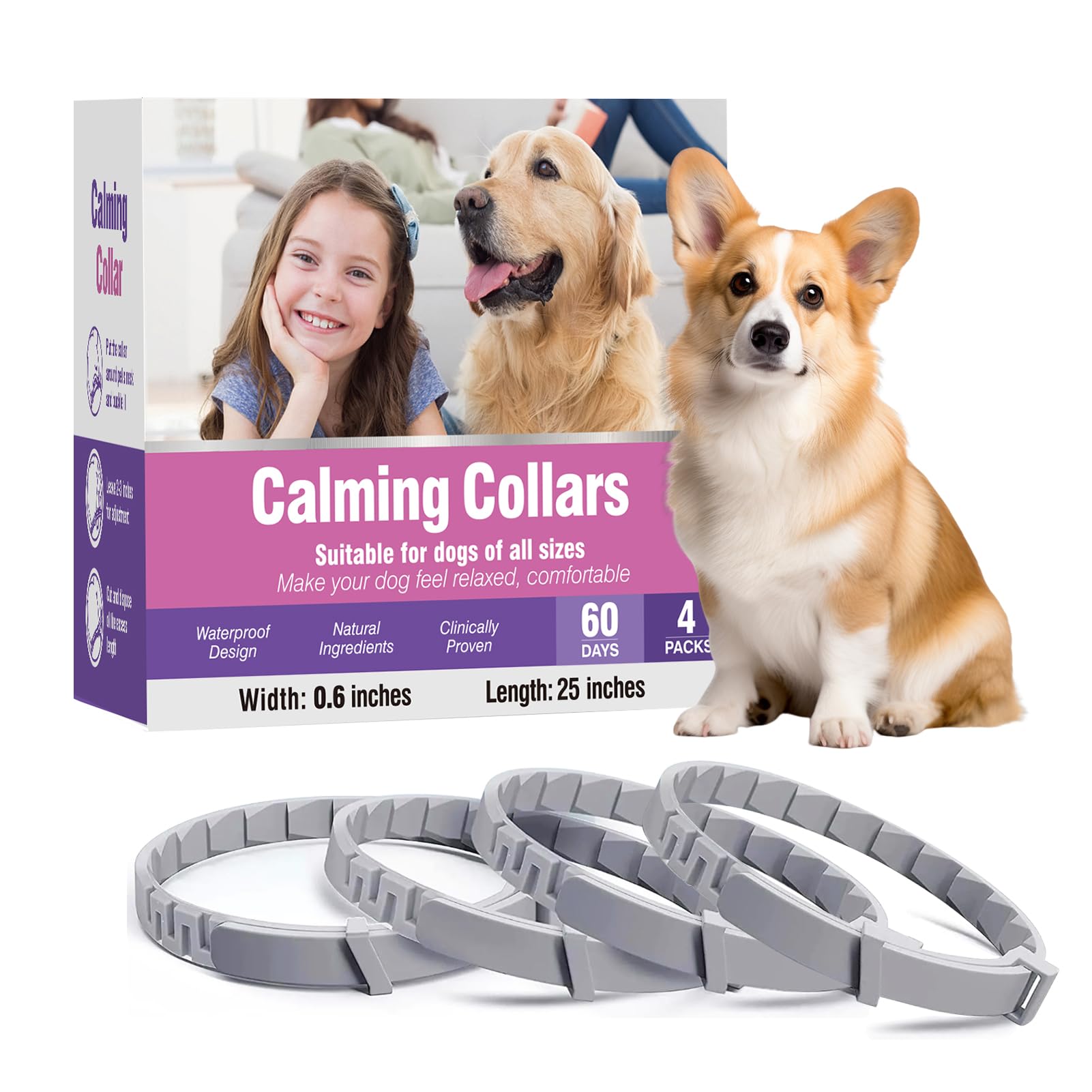 TTLXBL collier phéromone chien – emballage pack 4 pour relaxation durable lors des sorties et voyages.
