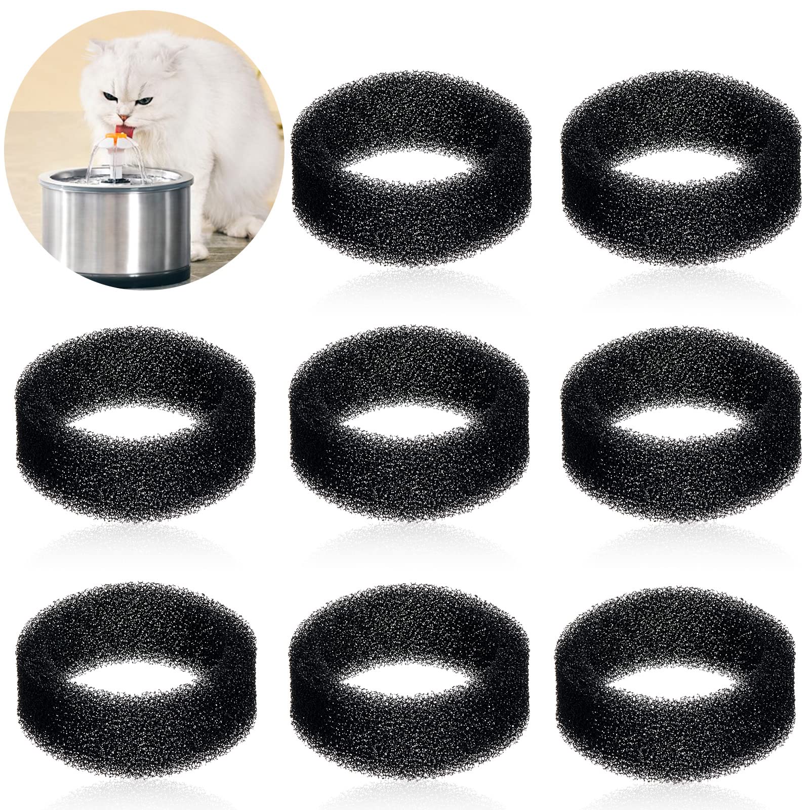 Filtre éponge rond Tuanse pour chat, 8 pièces incluses et pratique rangement.