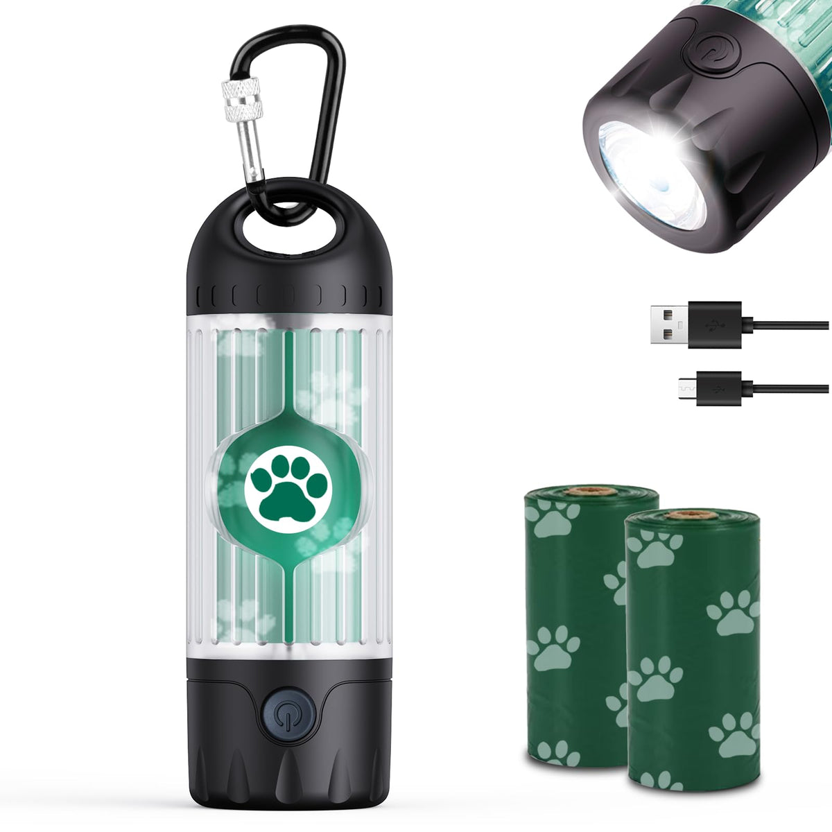 Tubasion porte-sacs chien avec lampe frontale pour promenades nocturnes sécurisées.