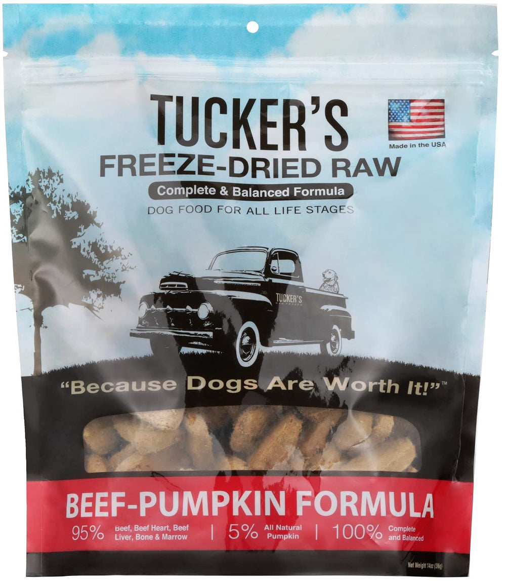 Tucker's Raw Frozen – sac lyophilisé boeuf-potiron prêt à réhydrater rapidement.