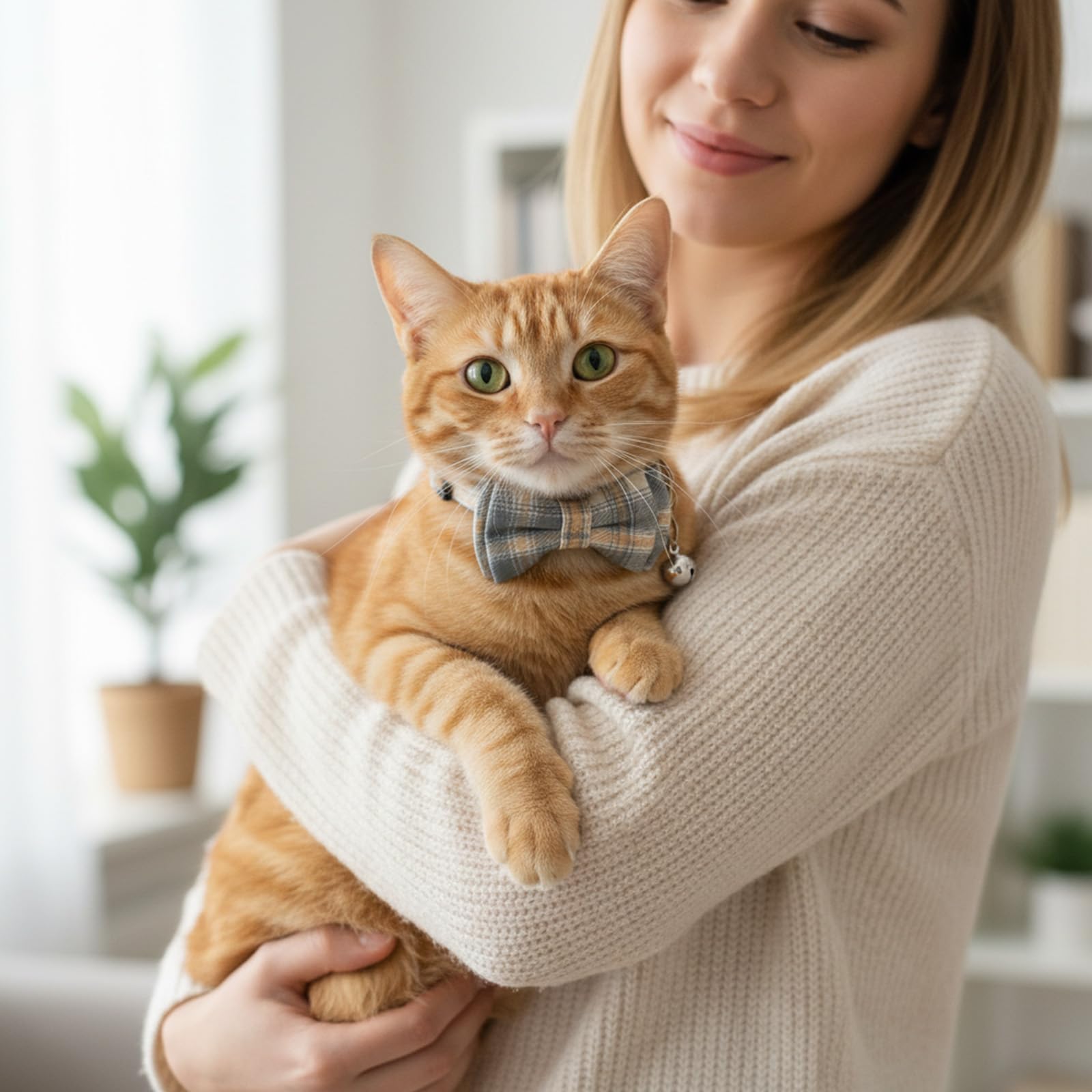 Collier Tucnoeu pour chat noeud papillon plaid beige, confort léger quotidien.