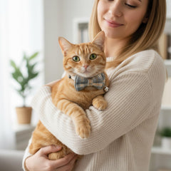 Collier Tucnoeu pour chat noeud papillon plaid beige, confort léger quotidien.