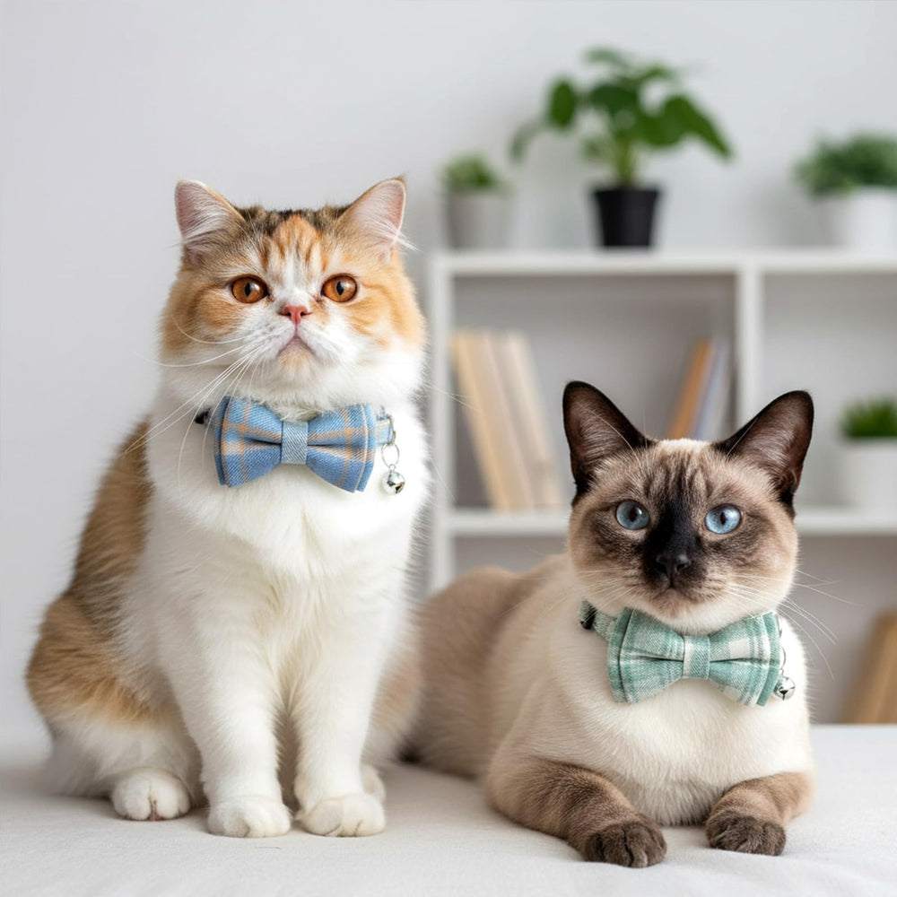 Collier Tucnoeu pour chat noeud papillon plaid gris, motif intemporel quotidien.