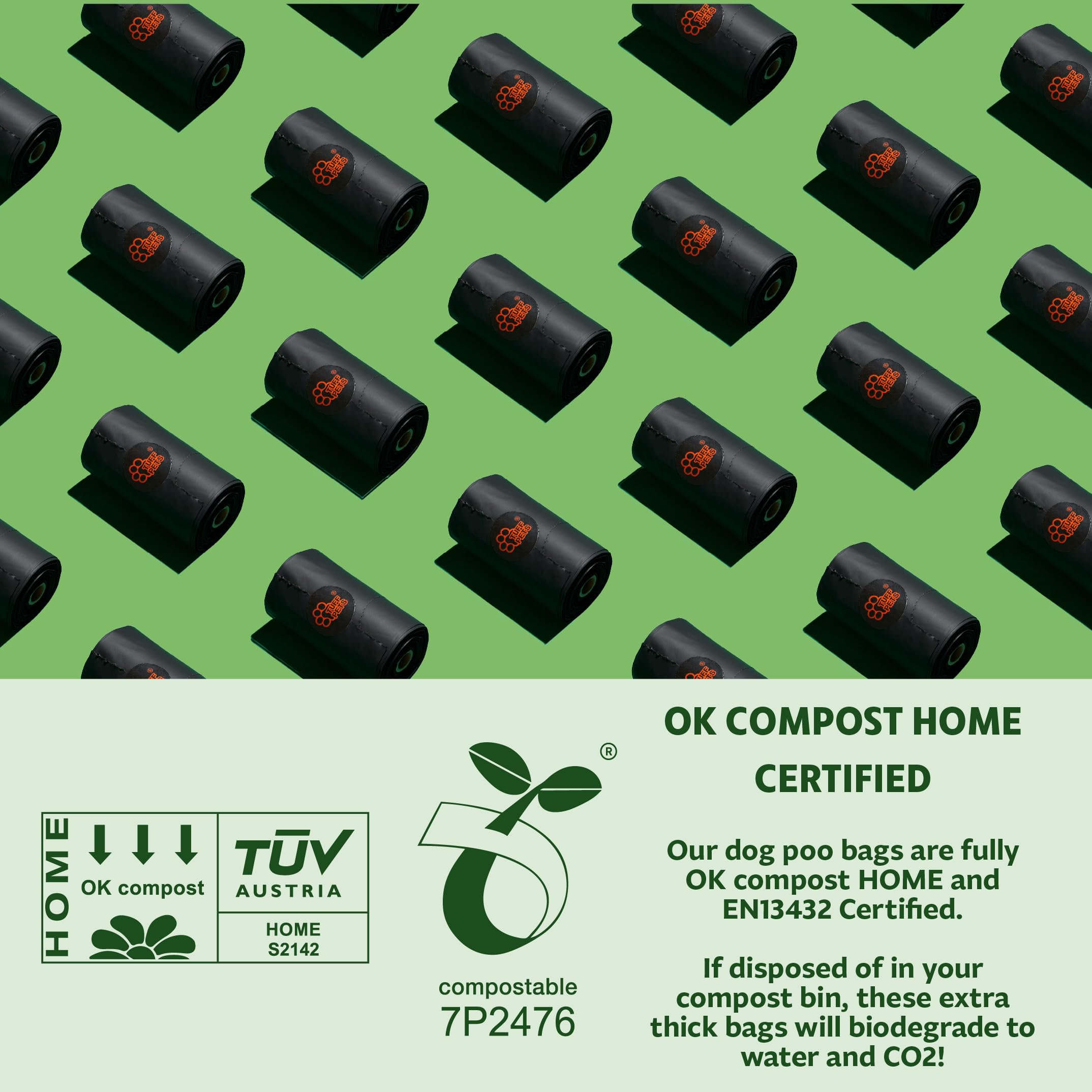Sacs compostables Tuff Pets certifiés, respectueux de l'environnement.