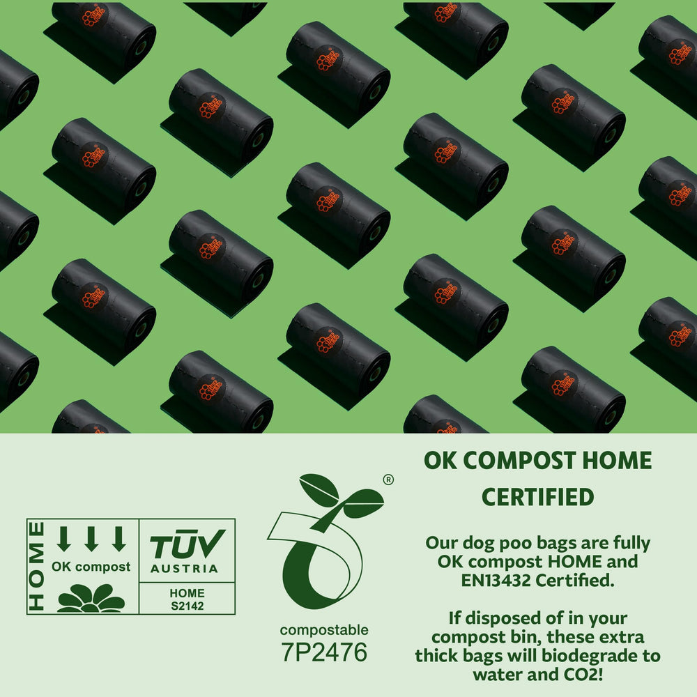 Sacs compostables Tuff Pets certifiés, respectueux de l'environnement.