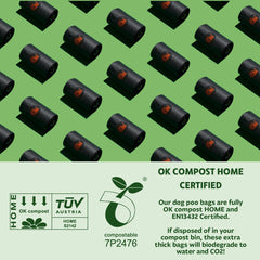 Sacs compostables Tuff Pets certifiés, respectueux de l'environnement.