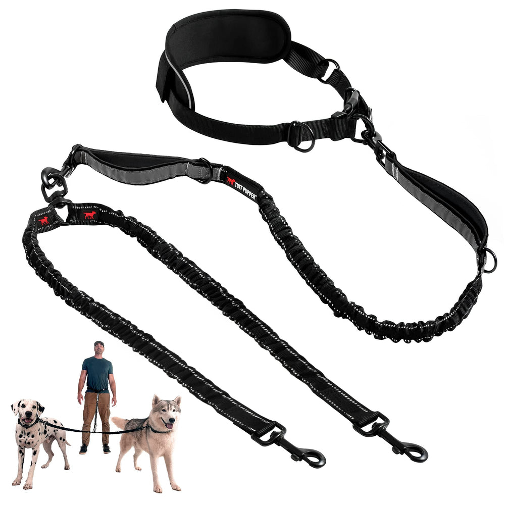 Laisse Bungee Tuff Pupper pour deux chiens, mains libres, contrôle pratique.