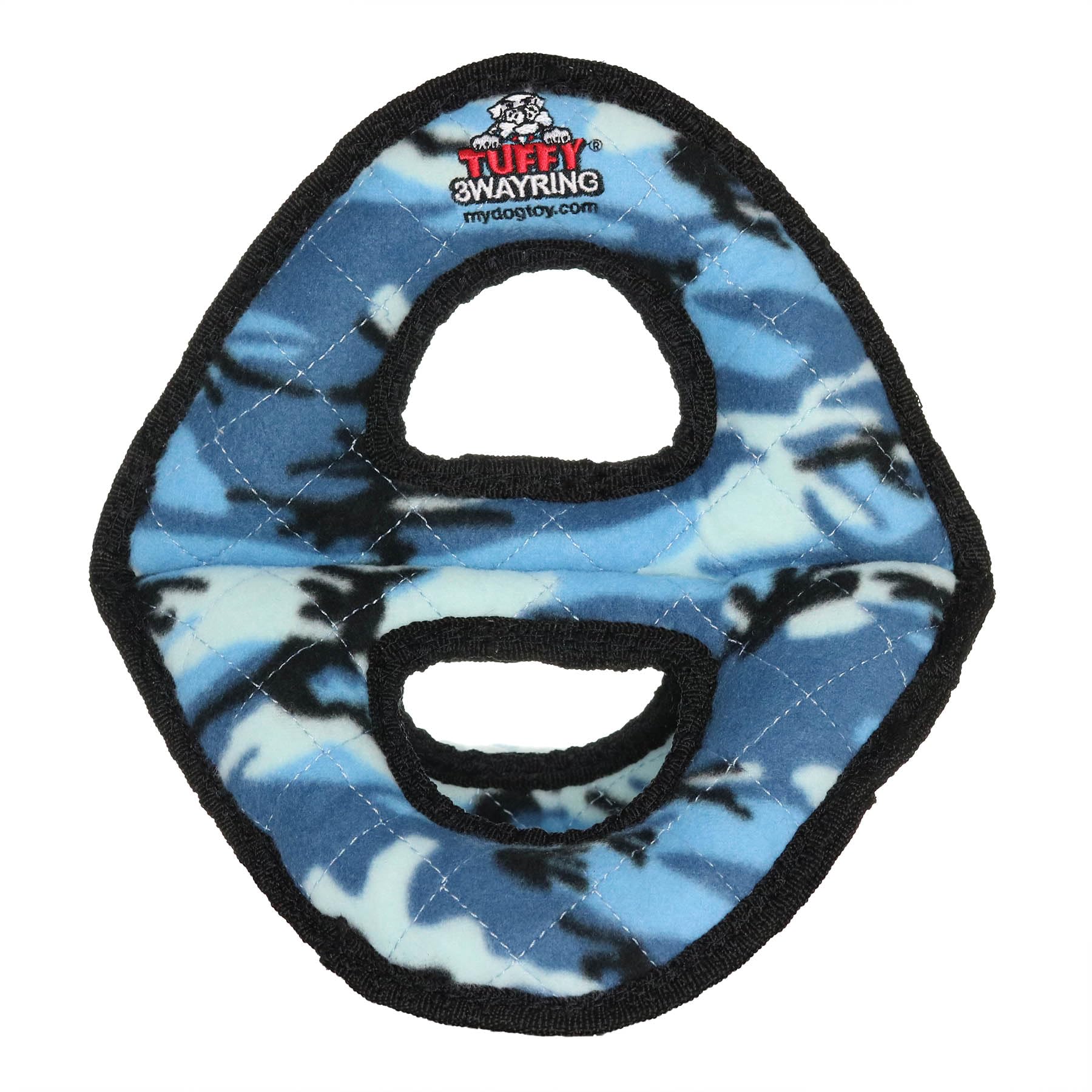 Jouet TUFFY doux pour chien – Anneau 3 voies camo bleu, durable pour jeux interactifs.