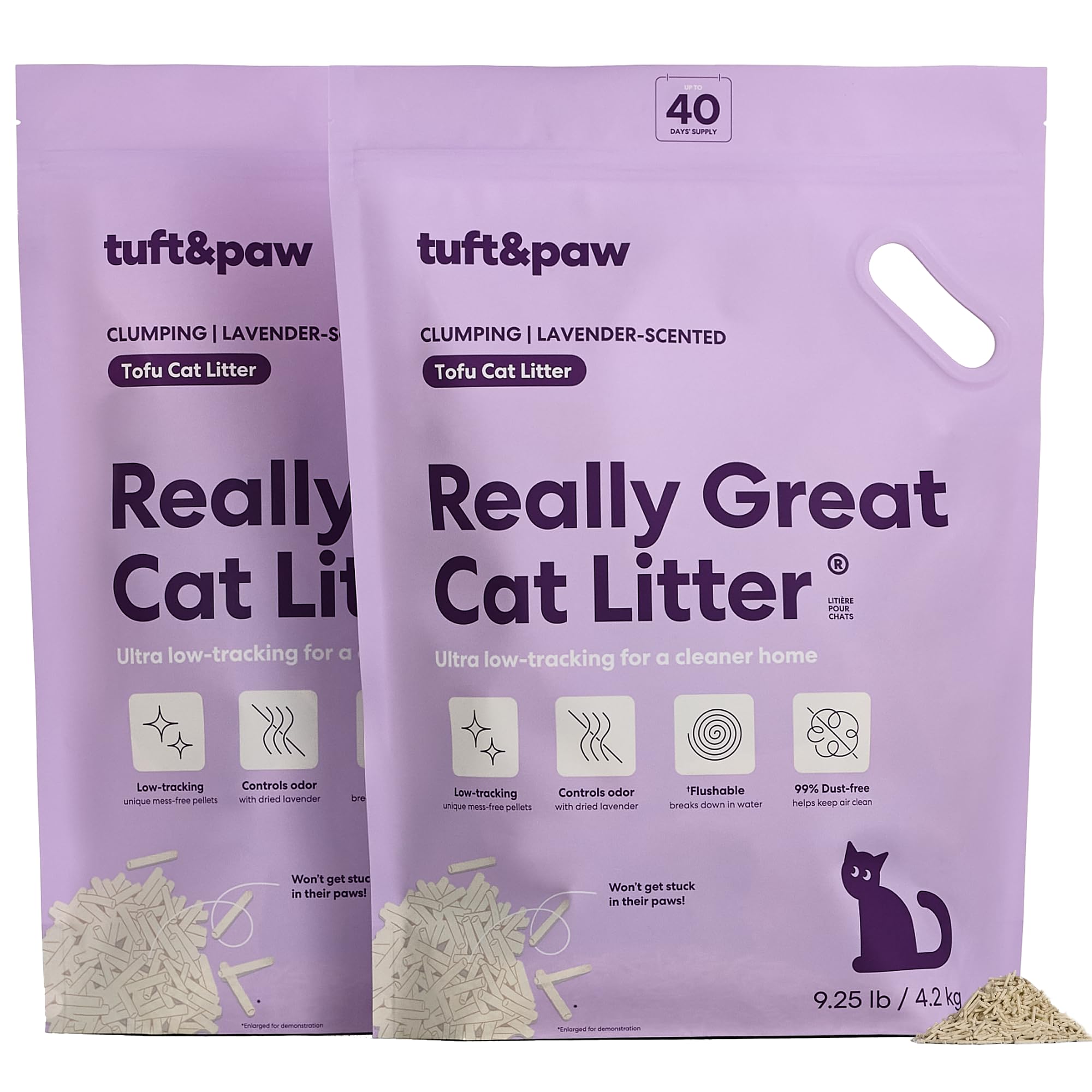 Litière Tuft & Paw au tofu, absorption rapide pour un entretien facile.