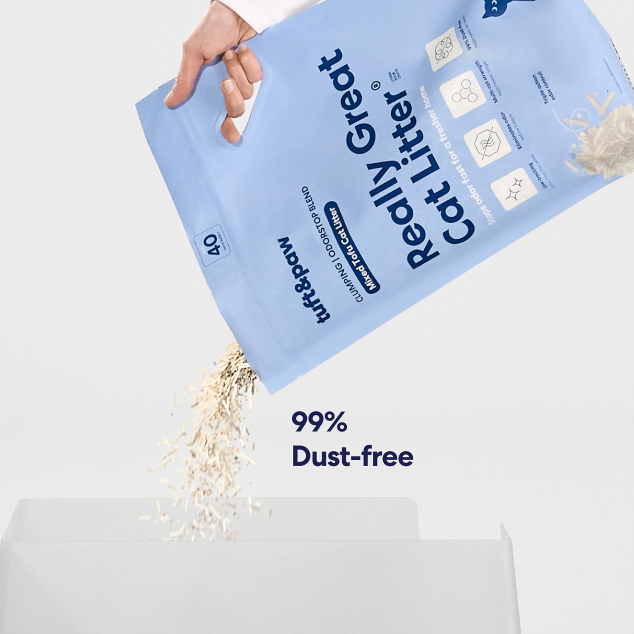 Litière Tuft & Paw OdorStop, charbon actif pour contrôle naturel des odeurs.