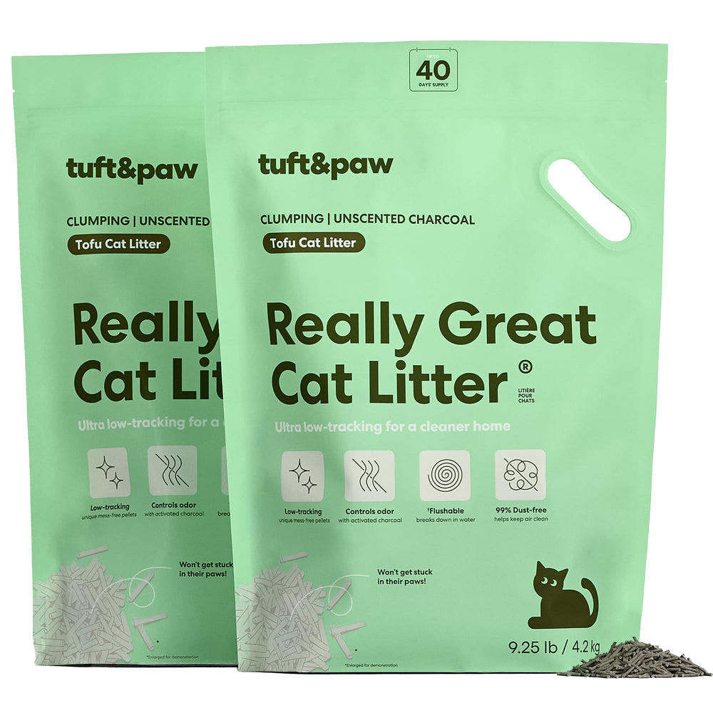 Tuft & Paw Litière au tofu : agglomération rapide pour nettoyage facile.