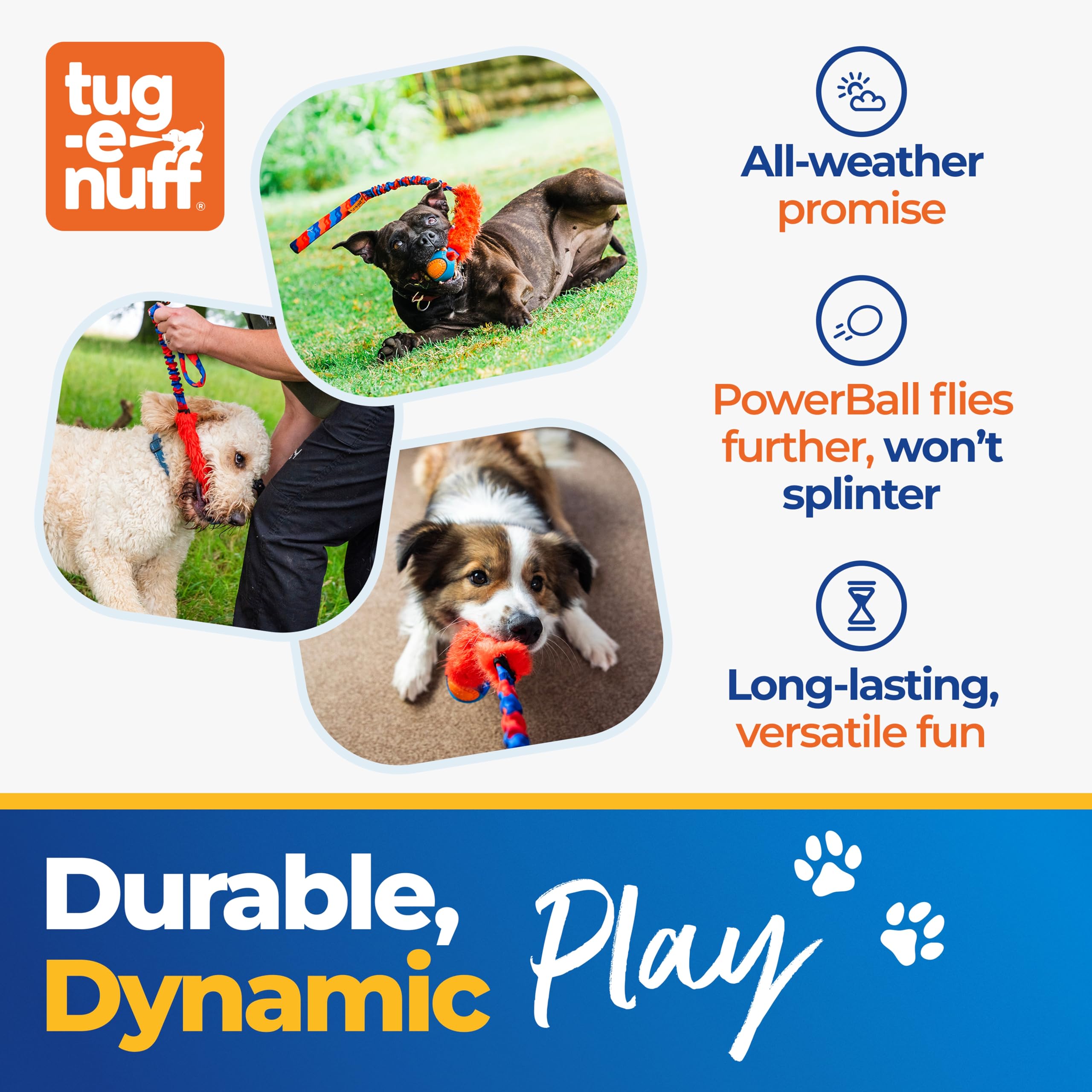 Jouet Tug-E-Nuff Fauxtastic PowerBall Bungee, balle texturée pour lancer et rapporter facilement