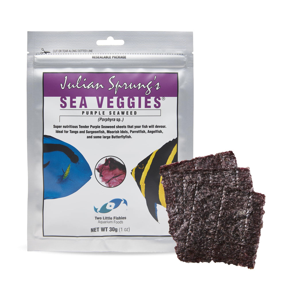 Two Little Fishies Sea Veg-Purple Seaweed, algue violette en sachet, riche en nutriments pour herbivores marins.