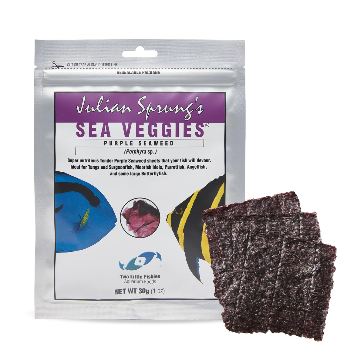 Two Little Fishies Sea Veg-Purple Seaweed, algue violette en sachet, riche en nutriments pour herbivores marins.