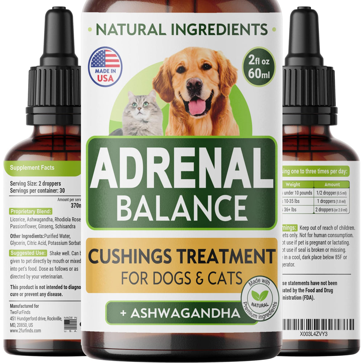 TwoFurFinds Adrenal Balance gouttes en flacon, administration facile pour animaux.