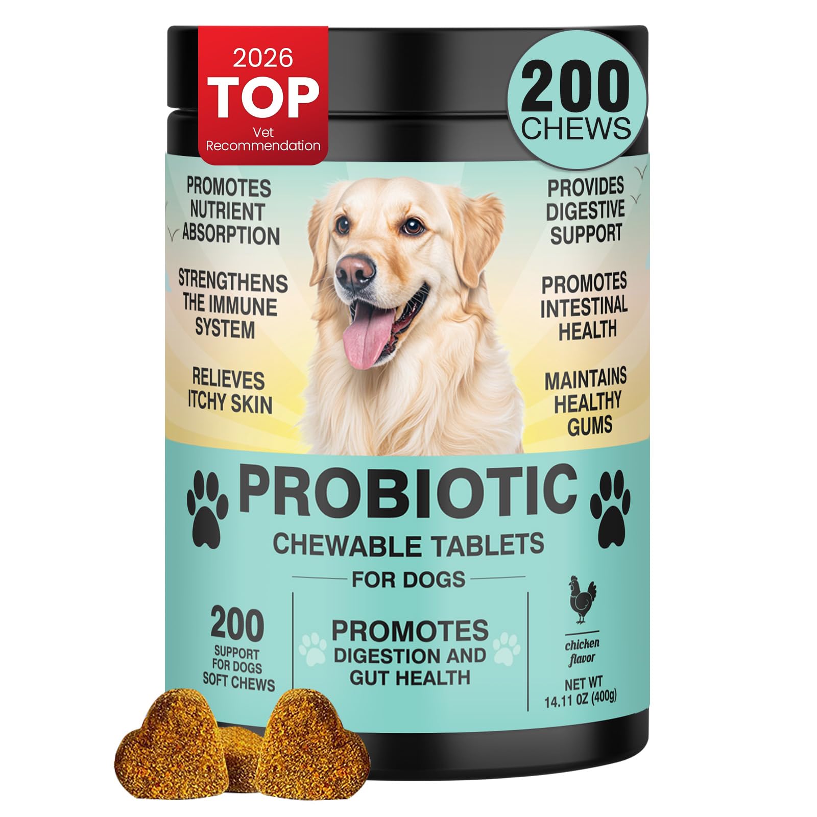 TzzyiC friandises probiotiques pour chiens en boîte 200, goût poulet, soutien digestif.