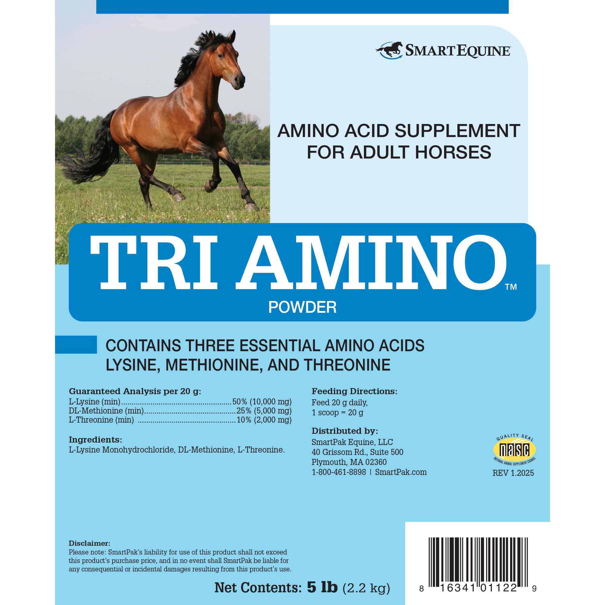 Uckele Tri Amino Cheval, cuillère-doseuse, facilite l’ajout d’acides aminés essentiels.