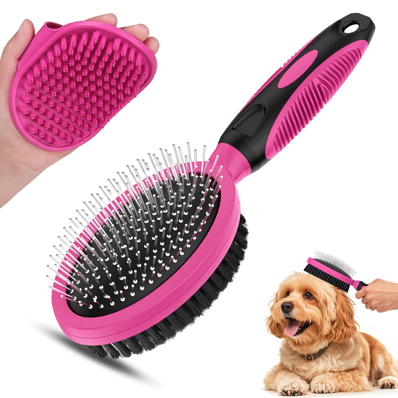 Brosse double-face UGNEL en rose pour épilation et bain, texture douce sur le pelage