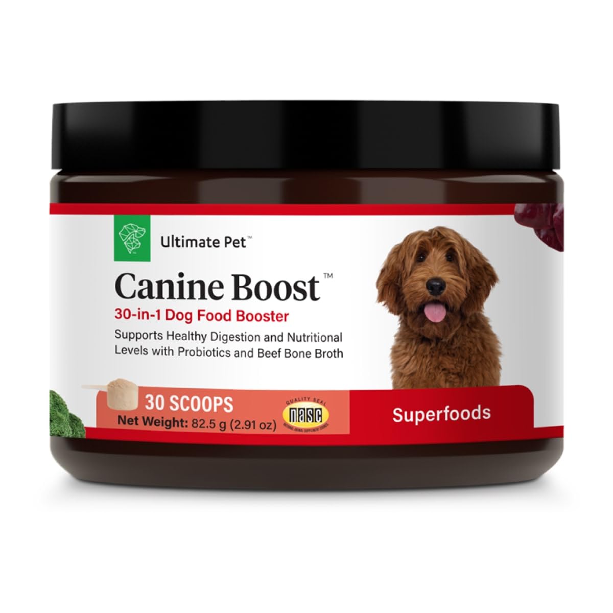 Canine Boost saupoudré sur croquettes pour un repas plus nutritif.